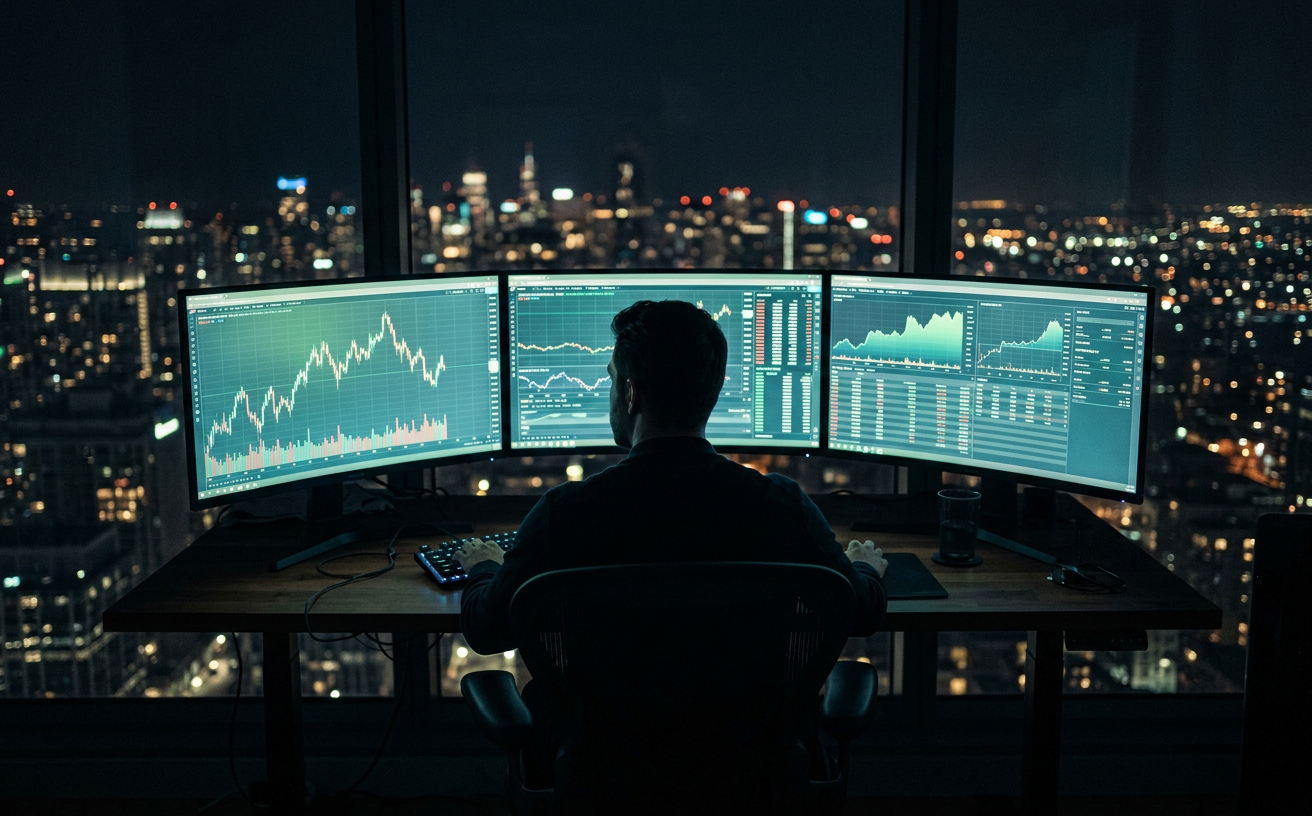 Trader watching candlestick charts across three monitors