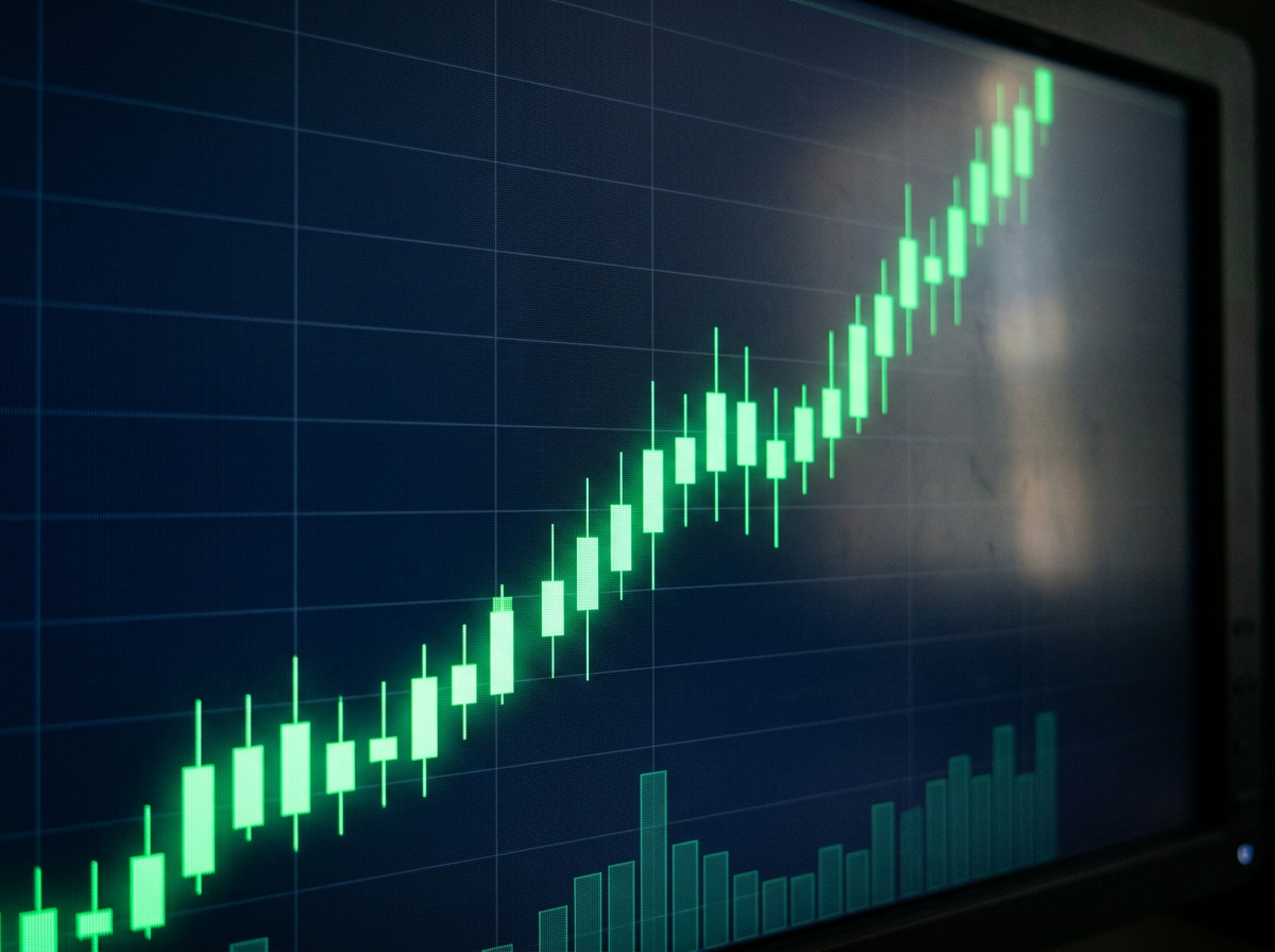 Green candlestick chart trending upward
