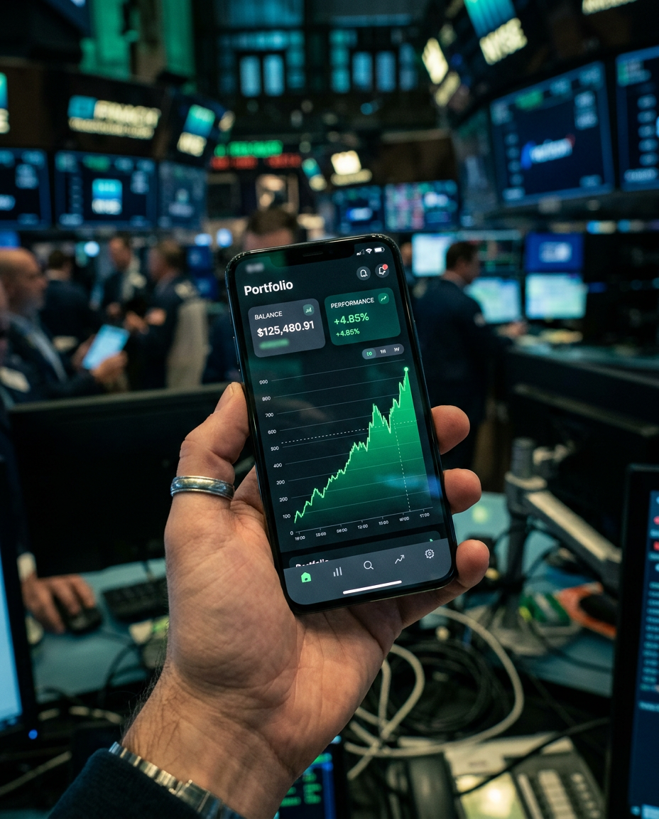 Smartphone showing a dark portfolio dashboard with a rising green chart