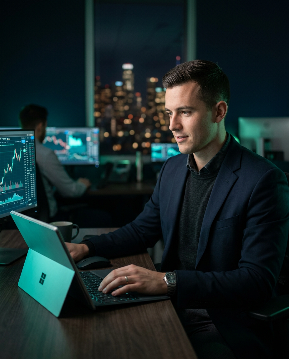 Trader reviewing market charts on a laptop